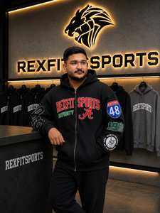 REXFITSPORTS 2026 Sweat à capuche graphique universitaire noir personnalisé à fermeture éclair intégrale, 280-300 GSM, en molleton de coton et polyester, style streetwear clouté - Product Image 3