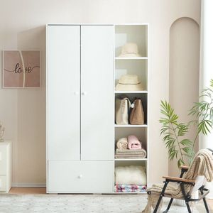 Armadio Bianco per Camera da Letto con Asta Appendiabiti, Cassetti e Ripiani, Elegante Guardaroba con Maniglie per Uso Domestico - Product Image 1