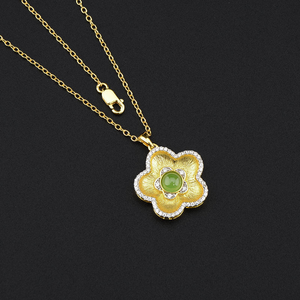 Lab Grown Diamond Flower Pendant Necklace <b>Italian</b> Brushed Texture 18k Gold Plated Silver Vintage Women's IGI Certified - Product Image 2