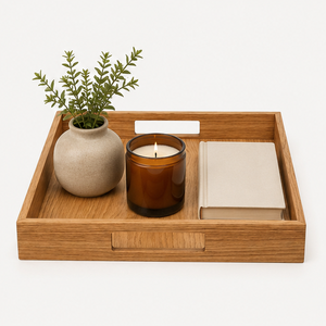 Plateau de service rectangulaire décoratif en bois de chêne massif, artisanal et de qualité supérieure, avec poignées découpées, durable, pour table basse ou ottoman. - Product Image 6