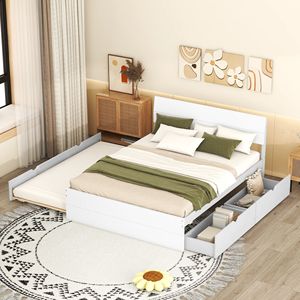 Letto Matrimoniale Moderno con Letto Estraibile Singolo e 2 Cassetti, Colore Bianco Lucido e Bianco Lavato - Product Image 1