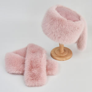 Custom Winter Faux Fur <b>Hat</b> Scarf Set Warm <b>Women</b> Flat <b>Top</b> Bucket Caps With Two Tails Caps Scarves Wholesale - Product Image 1