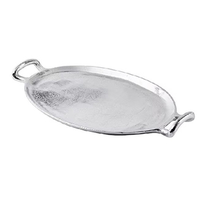 Elegante bandeja de servir de aluminio plateado con acabado texturizado y asas, perfecta para decoración elegante del hogar o para la mesa. - Product Image 1