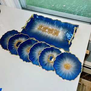 Royal Blue and White Resin Serving Tray Set with 6 <b>Coasters</b> Gold Foil Accents Luxury <b>Agate</b> Style Platter and Drink Mat Set - Product Image 1