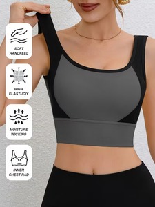 Women Contrast Panel Athletic Tank <b>Top</b> Built In Chest Pad Insert Ribbed Microfiber Yoga Exercise Gym <b>Crop</b> Bralette - Product Image 4