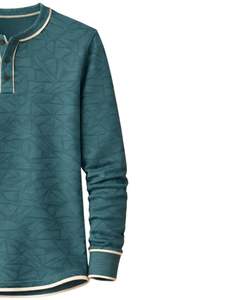 <b>Mens</b> Teal Blue Geometric Printed <b>Henley</b> Pullover Sweatshirt Long Sleeve French Terry Regular Fit Casual <b>Top</b> For <b>Men</b> Winter Wear - Product Image 4