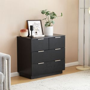 Comodino a Tre Livelli con Quattro Cassetti, Ante con Motivo Ondulato, in Particelle P2 Nere e Pannello a Densità Media - Product Image 5