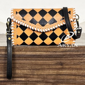 Wholesale Hand Tooled Cowhide Leather Crossbody Bag Diamond Pattern Shoulder Purse Handmade Clutch Adjustable Strap for Ladies - Product Image 1