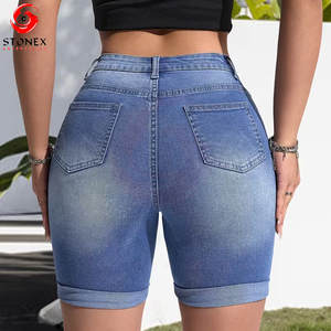 Regular Fit High Quality Breathable <b>Women</b> Denim Shorts <b>Turn</b>-<b>up</b> Hems Dark Blue 100% Cotton Wholesale Supply - Product Image 2