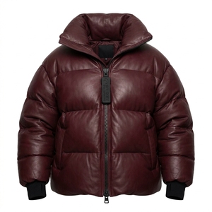 Custom Wholesale Mens Burgundy Real Leather Puffer Jacket Unisex Winter Warm <b>Bubble</b> <b>Coat</b> Manufacturer Padded Outerwear Apparel - Product Image 1