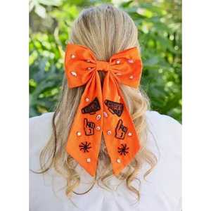 <b>Large</b> Statement Bow Red Satin Football Hair Bow Clip with <b>Beaded</b> Embroidery Sports Theme Cheer Hair Accessory for Girls & Women - Product Image 4