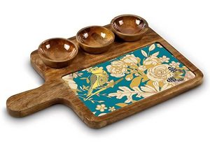 Handcrafted Mango Wood Rectangular Serving Platter with 3 Bowl Set for Starters Handles Serving Decor Dessert Serving <b>Tray</b> - Product Image 6