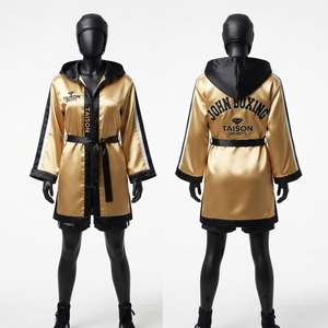 เสื้อคลุมชกมวย MMA ยูนิเซ็กซ์ TAISON SPORTS หนังพรีเมียม 120 GSM ระบายความชื้น สีทองดำ มีฮู้ด แผงตัดสีแบบคอนทราสต์ สั่งทำได้ - Product Image 1