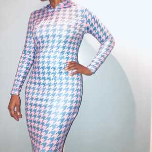 Vestido Midi Ajustado de Mujer con Estampado de Pata de Gallo, Manga Larga, Elegante, para Oficina o Fiesta, Venta al Por Mayor Personalizada - Product Image 3