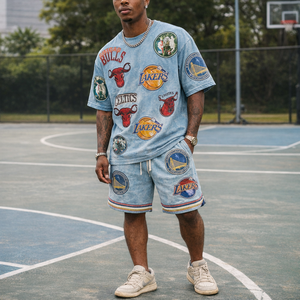 Ensemble coordonné de basketball oversize – Édition Street Performance pour homme en French Terry imprimé par transfert thermique, uni, délavé à l'acide, effet soleil éclairé - Product Image 3