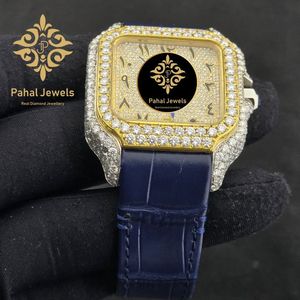 นาฬิกาข้อมือทองคำทรงสี่เหลี่ยมหรูหราจาก Pahal Jewels พร้อมกรอบประดับเพชรและสายหนังสีน้ำเงิน ระบบอนาล็อก ควอตซ์ แสดงวันที่ สำหรับทั้งชายและหญิง - Product Image 3