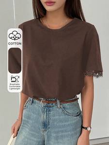 เสื้อยืดผ้าฝ้ายสีน้ำตาล เสื้อเชิ้ตผู้หญิง แต่งขอบลูกไม้ที่ข้อมือ แขนสั้น คอกลม ทรงหลวม สวมใส่สบาย เสื้อลำลองฤดูร้อน เสื้อเบลาส์สวยหรู - Product Image 3