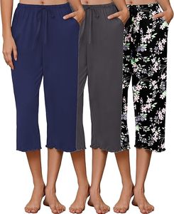 Lot de 3 pantalons de pyjama capri pour femme 2026, pantalons de détente à ourlet volanté, bas de pyjama à cordon de serrage avec poches - Product Image 1