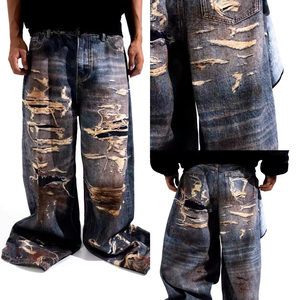 Jeans personnalisés en gros pour hommes, style streetwear hip-hop, à ourlet brut, effet délavé soleil, coupe ample, droite et large - Product Image 3