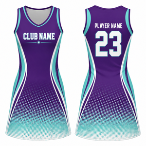 MEGAMAPLE Maillot de netball sans manches personnalisé pour femme, violet et turquoise, impression par transfert thermique, respirant, 100 % polyester, pour équipe adulte - Product Image 1