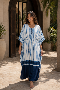 Women Blue Tie Dye Cotton <b>Kaftan</b> Maxi Dress Natural Waist <b>Beach</b> Cover Button Front Party Wear Eco-Friendly Bohemian Robe - Product Image 5