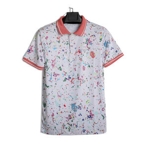 Mens White Printed Polo Shirt Pink Collar <b>Design</b> Lightweight Breathable Casual Summer Short Sleeve Button Shirt - Product Image 5