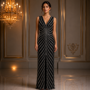 Luxury Women Black <b>Sequin</b> Evening Gown Elegant V Neck Sleeveless Maxi Dress Premium Designer Party Wear Wedding Reception Formal - Product Image 2
