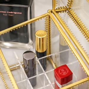 Lavish Glass And Metal Gold Edge Lipstick <b>Box</b> Organizer For Vanity Storage And Luxury Makeup Display Handcrafted From India - Product Image 3