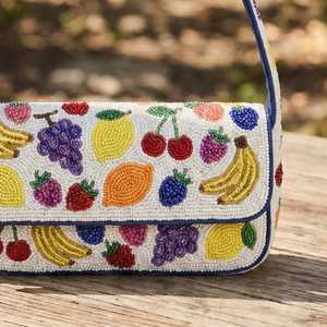 Sac à main bohème perlé aux fruits tropicaux colorés, blanc/jaune/violet/rouge, écologique, léger, fait main, pour femme - Product Image 2