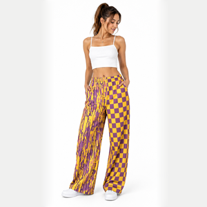 Pantalones de descanso de pierna ancha para mujer adulta, de cintura media, con frente plano, de verano, con estampado de leopardo a cuadros, estilo Western, de moda personalizada - Product Image 2