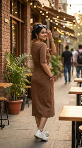 Robe midi marron à col rond avec ceinture à nouer, manches trois quarts, tricotée, ajustée, décontractée, pour tous les jours - Product Image 3