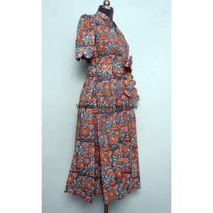 Indian Cotton Floral Block Print Dress Button Down Dress Women's <b>Dressing</b> <b>Gown</b> Casual Dress Print Women <b>short</b> <b>Sleeve</b> Long Length - Product Image 5