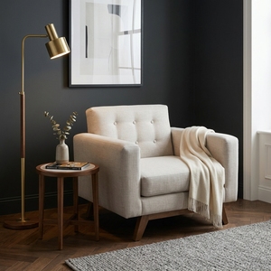Sillón Moderno para Sala de Estar con Base de Madera de Teca Sólida, Tapizado en Tela Beige con Diseño Acolchado de Mediados de Siglo, Sillón Individual Decorativo - Product Image 4