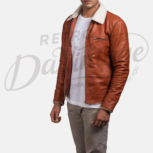 Chaqueta de Cuero Marrón para Hombre de Primera Calidad con Cuello de Piel Sintética Blanca, Chaqueta Bomber Cálida para Invierno, Corte Ajustado, Ropa Exterior de Cuero Informal - Product Image 1