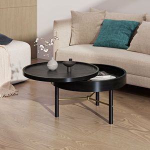 Tavolino da Caffè Moderno Rotondo in Legno con Gambe in Metallo e Vassoio Girevole con Vano Portaoggetti - Product Image 2