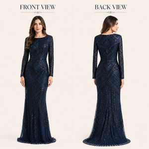 Robe de soirée sirène bleu marine de luxe, à sequins |   Robe de soirée formelle à manches longues |   Vêtements élégants pour femmes, conçus par des designers, OEM Inde 2026. - Product Image 2
