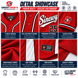 Camiseta de Béisbol Roja Deportiva Sinewy para Hombre, Manga Corta, Cierre de Botones, Transpirable, Poliéster, Impresión con Nombre del Equipo, Número 25, Adulto - Product Image 6