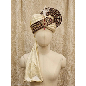 ผ้าโพกศีรษะไหมสีงาช้างแบบราชวงศ์ ขอบปักลายซาร์ดอซีสีแดงเลือดนก ประดับด้วยพลอยสีแดง รุ่นคัลกี มหาราชา ปากรี - Product Image 1