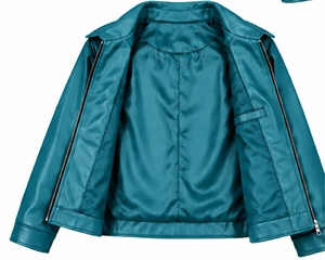 Chaqueta de Cuero Sintético Color Verde Azulado para Mujer, Cuello Camisero, Cierre de Cremallera, Manga Larga, Estilo Motero Corto - Product Image 6