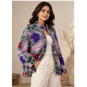 Embroidered Knitted Cotton <b>Jacket</b> Women Mandarin Collar Full Sleeve Floral Pattern Autumn Winter Spring Prairie Chic Style 100% - Product Image 2