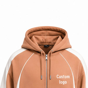 Custom Logo Brown White Color Blocking Tracksuit 100% Set Full <b>Zip</b> <b>Hooded</b> 450 Gsm Sweatshirt Pants - Product Image 2