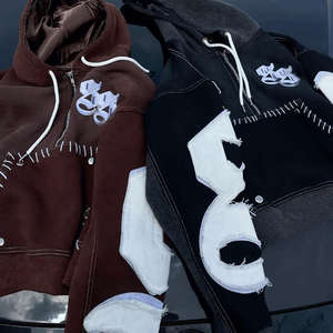 Sweat à capuche vintage délavé avec logo brodé personnalisé OEM, coupe évasée, survêtement épais pour homme - Product Image 3
