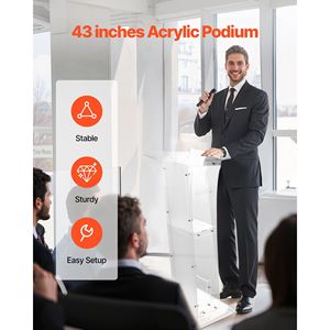 Podio in Acrilico da 43 Pollici, Scrivania Portatile per Laptop con Ampia Superficie di Lettura, Ripiano Portaoggetti e Ferma Libri per Conferenze - Product Image 2