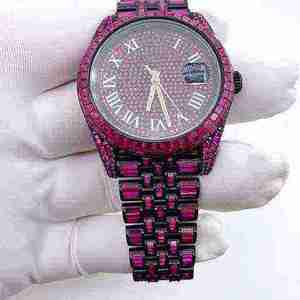 Montre de luxe pour femme en quartz rose moissanite, boîtier rond, cadran analogique, bracelet entièrement serti de pierres - Product Image 3