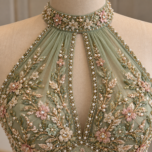 Elegant Women's Formal Short <b>Halter</b> Tank <b>Top</b> with Sequined Floral Embroidery Chiffon Fabric Pearl Beading <b>Green</b> Color - Product Image 4
