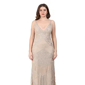 Champagne Glass Beads <b>Evening</b> <b>Dress</b> Sleeveless V Neck Maxi Gown Backless Formal Party Wear - Product Image 1