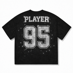 Top de malla con pedrería para mujer, estilo urbano, personalizado con nombre y número 95, camiseta de fútbol americano, estilo equipo con brillo, talla grande, OEM - Product Image 3
