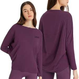 T-shirt de fitness pour femme grande taille à logo personnalisé, séchage rapide, respirant, en nylon, coupe ample, col large, manches longues, vêtements de sport - Product Image 2