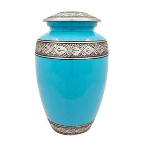 Urne funéraire florale turquoise pour adulte, finition bleu ciel, grande urne pour cendres humaines, style américain, urne métallique, exportation - Product Image 1