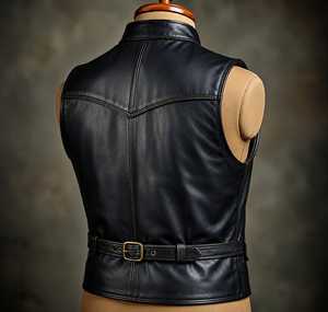 <b>Black</b> Genuine Leather Double Breasted <b>Vest</b> Stand Collar Button Closure Moto Biker Outerwear - Product Image 5